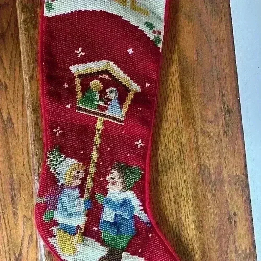 Vintage Needlepoint Christmas stockings Red back. Vintage holiday